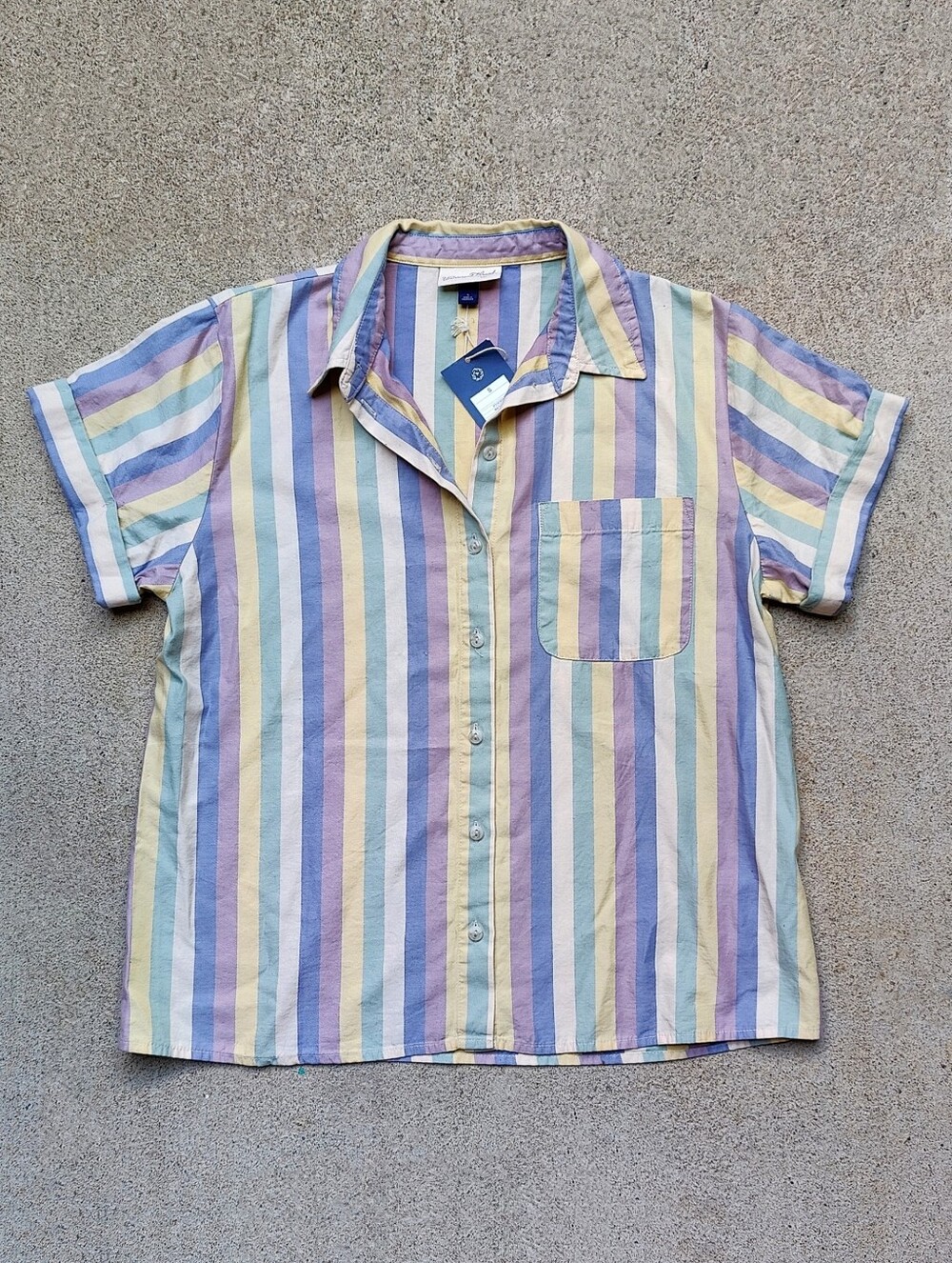 Pastel Striped Button Short Sleeve Button Shirt Lyocell Cotton Women's Small